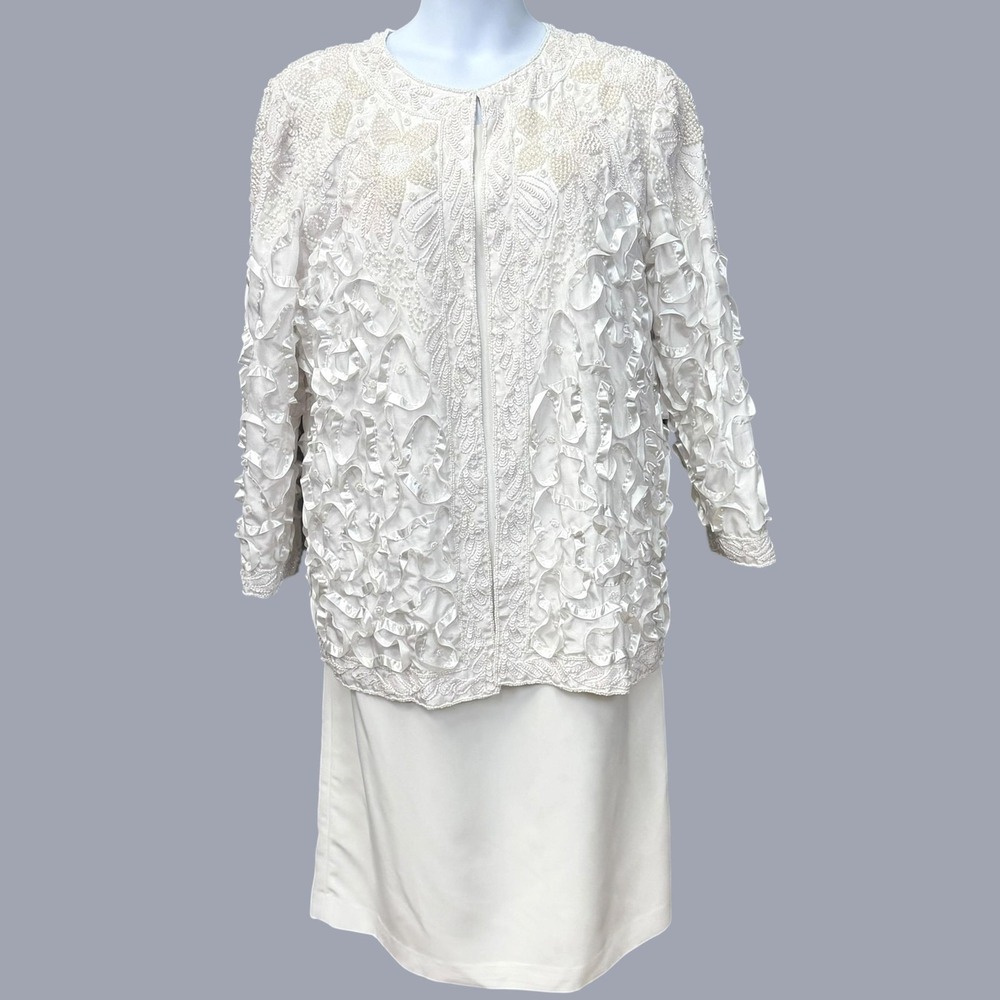 VTG New Look Dress Suit Set‎ Womens 3X White Beaded Lined Sheath Wedding Church